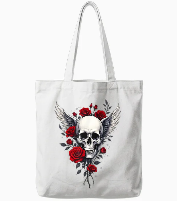 Skull, Wings & Roses Red Skull Gothic Rock Dark Tote Bags in White