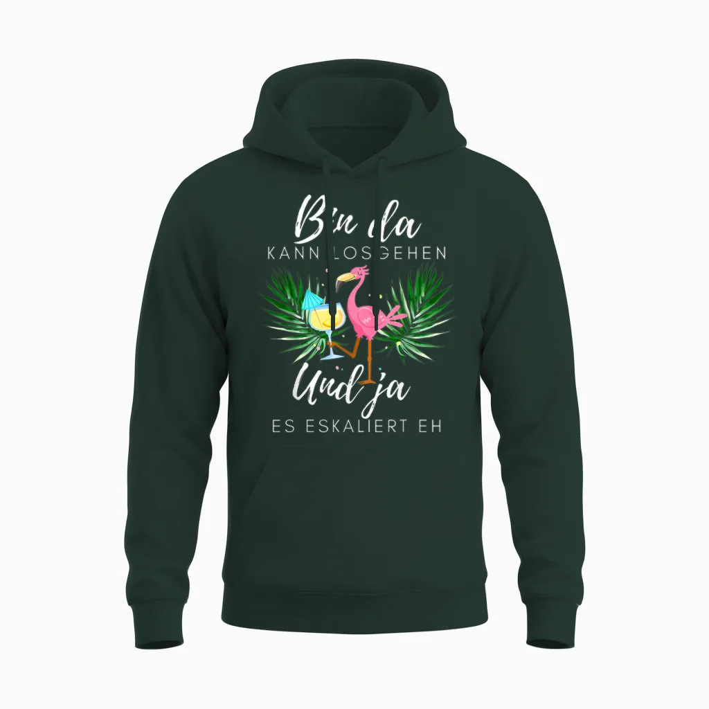 Flamingo Bin Da Kann Losgehen Und Ja Es Escaliert Eh T-Shirt, Black Unisex Hoodie in Forest