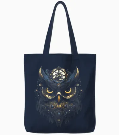 Steampunk Mechanical Owl Victorian Bird T-Shirt, Black Tote Bags - Navy