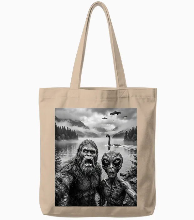 Bigfoot Et Alien Selfie Avec Le Monstre Du Loch Ness Ufo Tote Bags in Natural