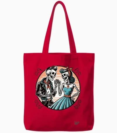 Retro Rockabilly Skeleton Couple Tote Bags - Red
