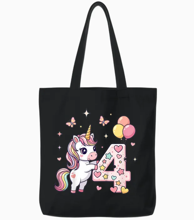 Kids Cute Unicorn 4th Birthday Party Outfit for Girls 4 Years Old Tote Bags in Black