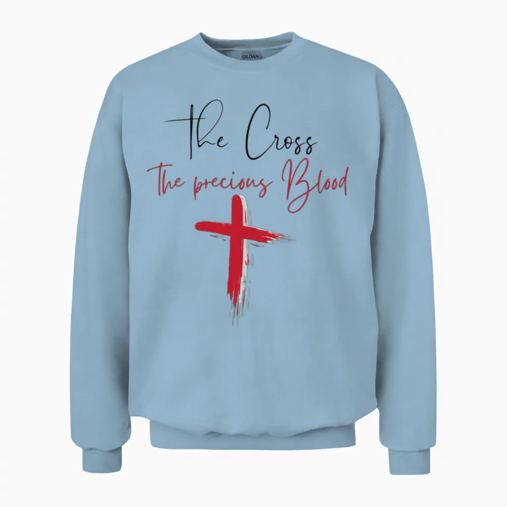 The Cross the Precious Blood| Jesus | God Unisex Sweatshirt in Light Blue