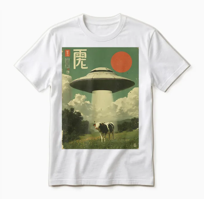 Funny Japanese Ufo Alien Kidnapping Cow Kids Adult Unisex T-Shirt in White