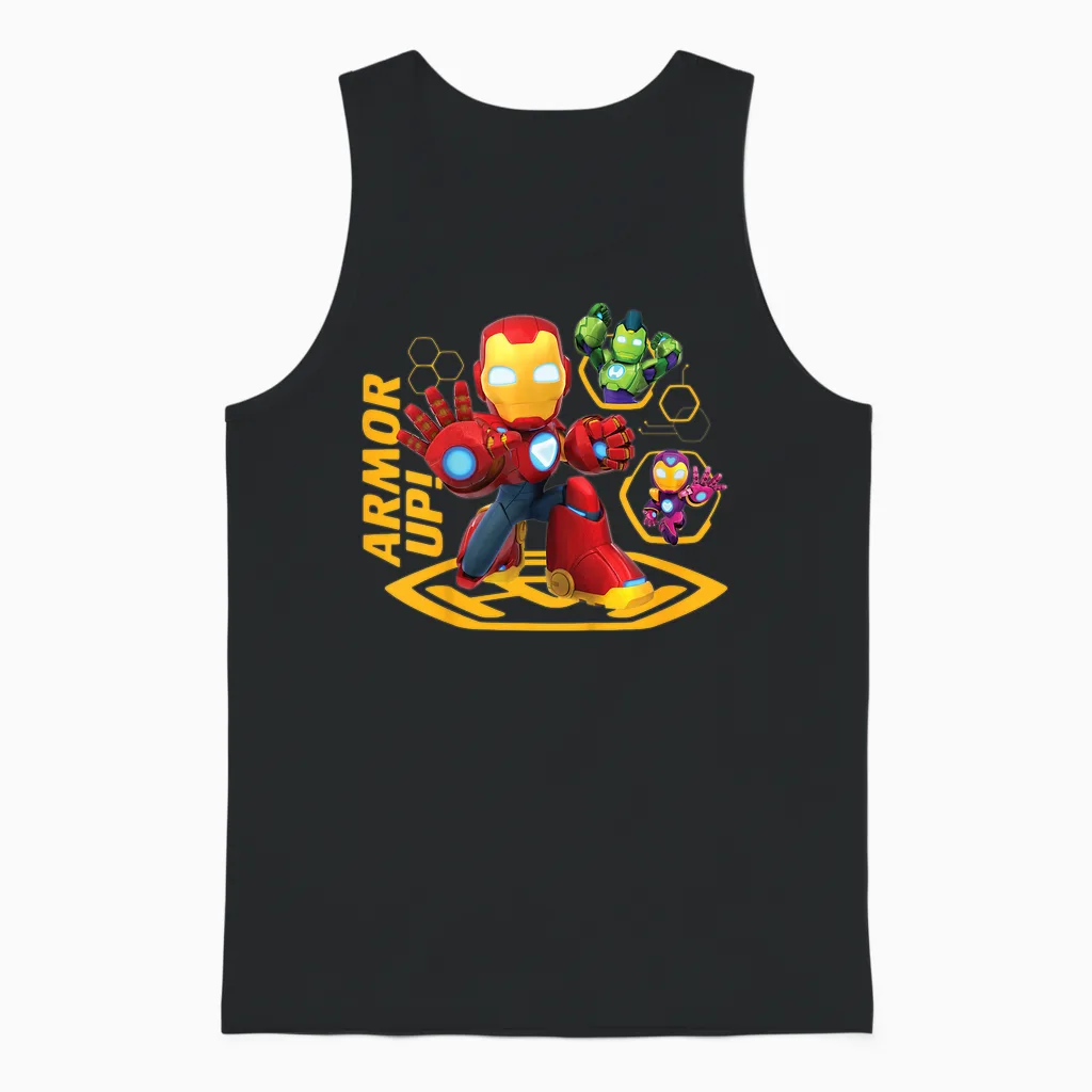 Marvel Iron Man and His Awesome Friends Tony & Team Armor Up Unisex Tank Top in Black