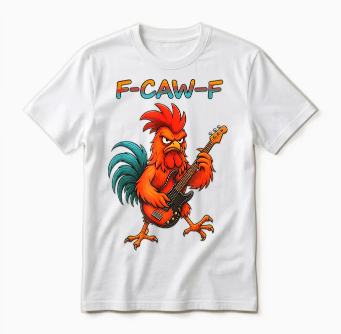 F-Caw-F Funny Chicken Humor F-Caw-F Quote Rock Guitar Unisex T-Shirt in White