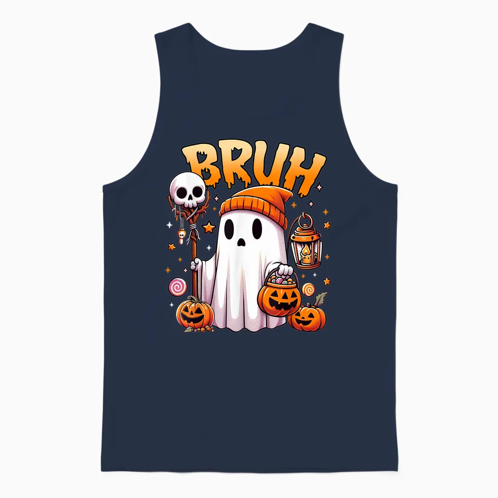 Bruh Ghost Halloween Cute Ghost Trick or Treat Candy Unisex Tank Top in Navy