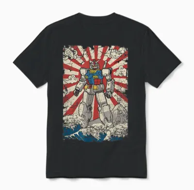 Japanese Mecha Anime Robot Kanagawa Great Wave Manga Unisex T-Shirt - Black