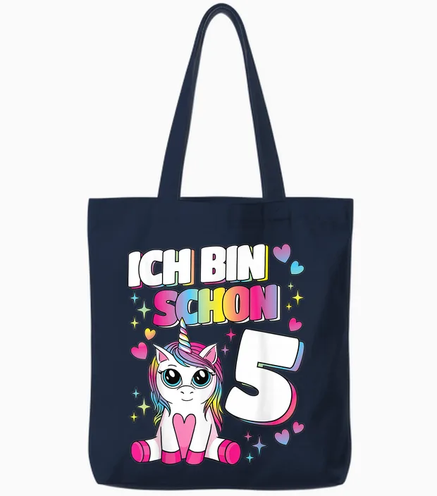 Ich Bin Schon 5 Unicorn 5th Birthday 5 Years Girls' T-Shirt, Black Tote Bags in Navy