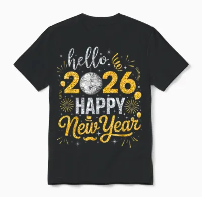 Hello 2026 Happy New Year Family Matching Fireworks Balloons Unisex T-Shirt - Black