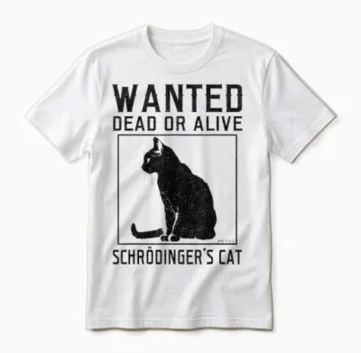 Schrödingers Cat Wanted Dead Alive Cat Physics T-Shirt, Gray Unisex T-Shirt - White