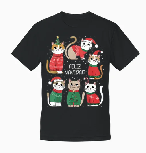 Feliz Navidad Spanish Cats Holiday Kittens T-Shirt, Black, S