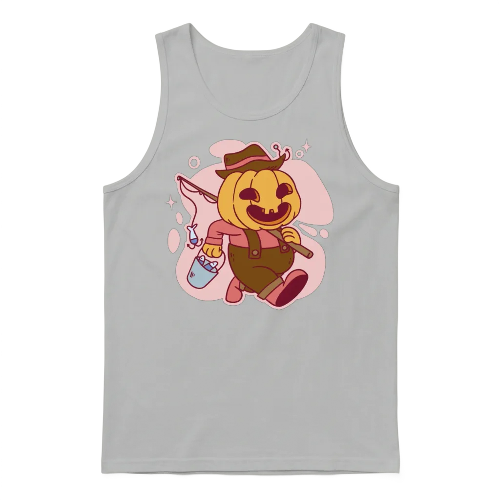 Funny Pumpkin Fisherman Cartoon Design Unisex Tank Top - Ash