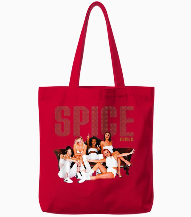 Official Spice Girls T-Shirt Sofa Photo, Black, S Tote Bags in Red
