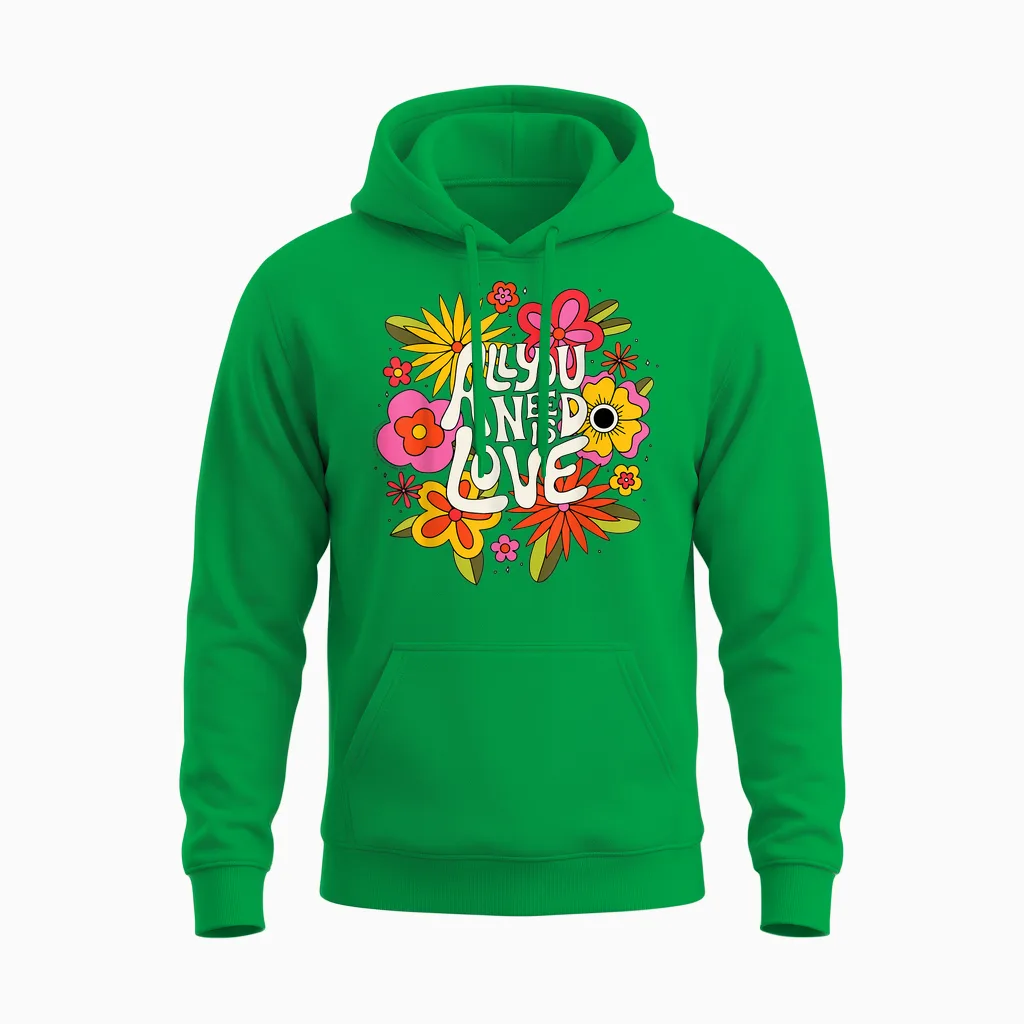 The Beatles - All You Need Is Love Retro Flowers T-Shirt, Black Unisex Hoodie in Irish Green