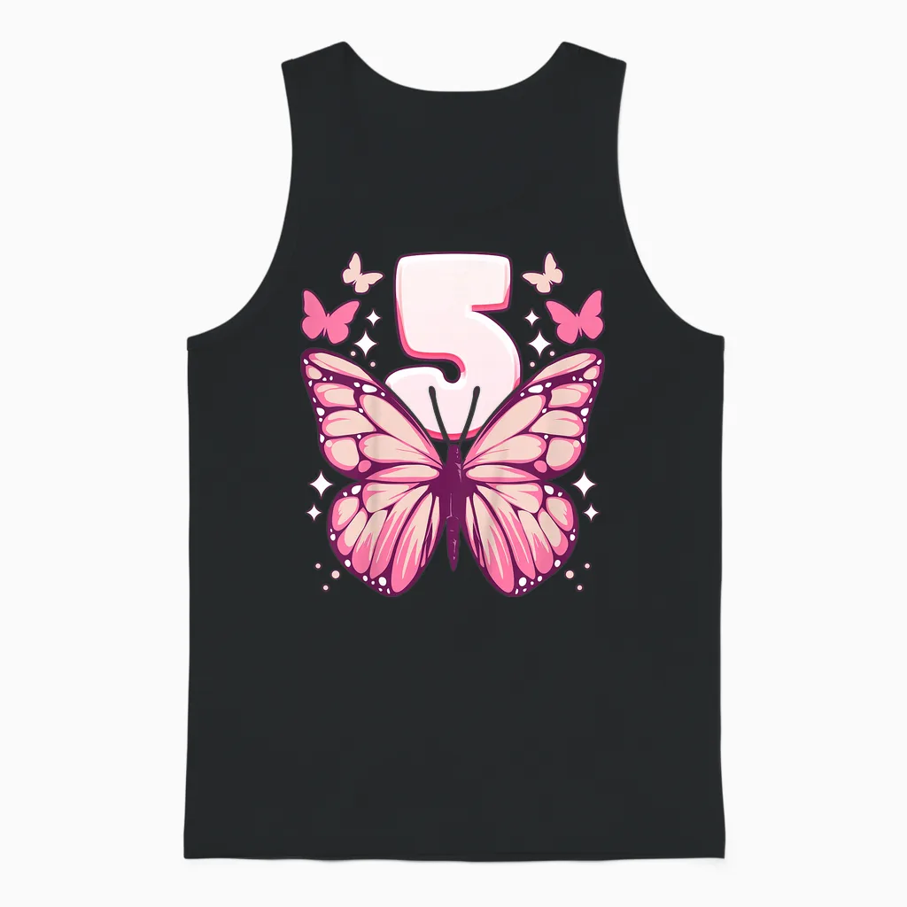 Geburtstag Mädchen 5 Jahre, Schmetterlinge Und Nummer 5 Unisex Tank Top in Black