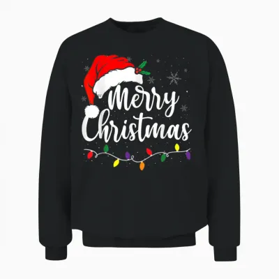 Merry Christmas Lights Red Santa Hat Xmas Family Men Women Unisex Sweatshirt - Black