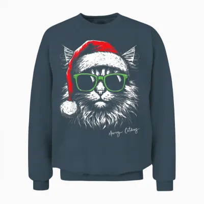 Meowy Catmas Santa Hat Cute Cat Christmas Pajamas Xmas Unisex Sweatshirt - Dark Heather