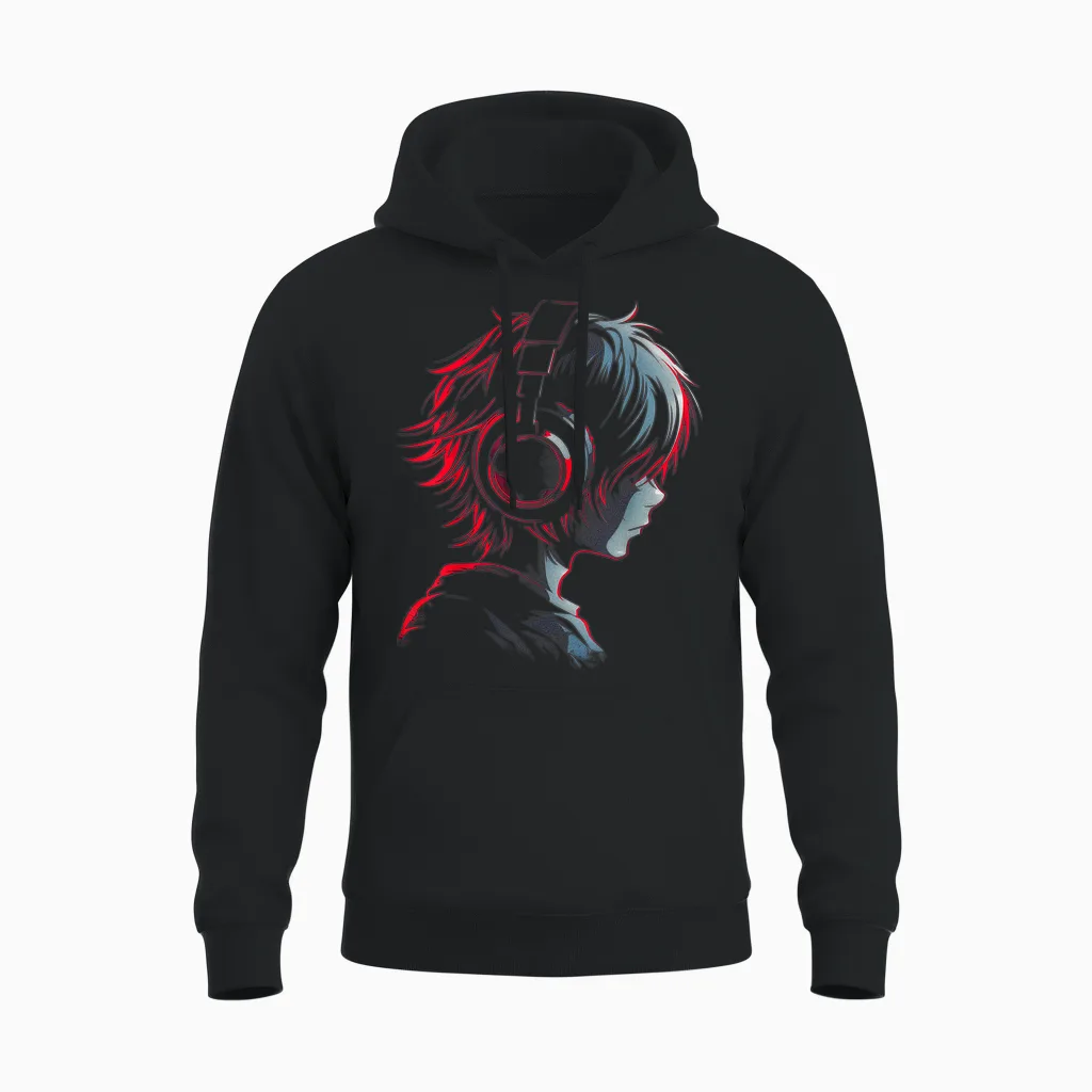 Anime Manga Graphic Headphones Artwork Anime T-Shirt, Black Unisex Hoodie in Black