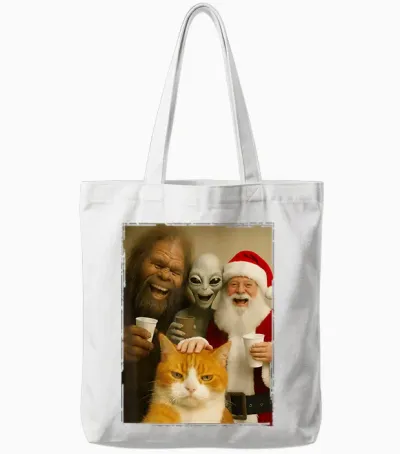 Cat Selfie with Bigfoot, Alien & Santa, Funny Christmas Tote Bags - White