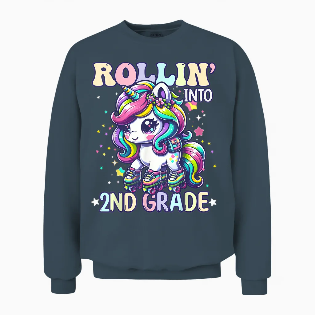 2nd Grade Back to School First Day Girl Rollin Unicorn Unisex Sweatshirt in Dark Heather