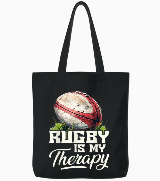 Rugby Is My Therapy Rugby T-Shirt, Black Tote Bags in Black