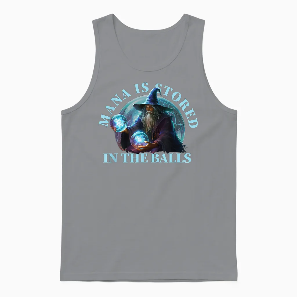 Mana Is Stored in the Balls Magician Sorcerer Witcher Wizard Unisex Tank Top in Sport Grey