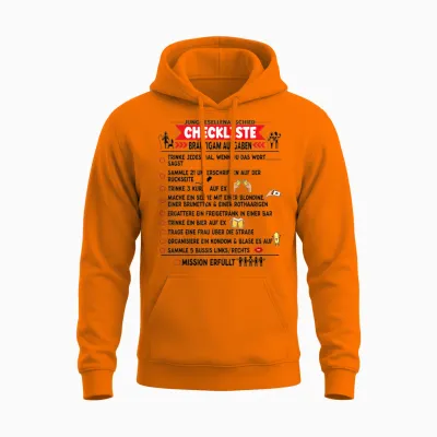 Men's Groom Jga Tasks Checklist Stag Night T-Shirt, White Unisex Hoodie - Safety Orange
