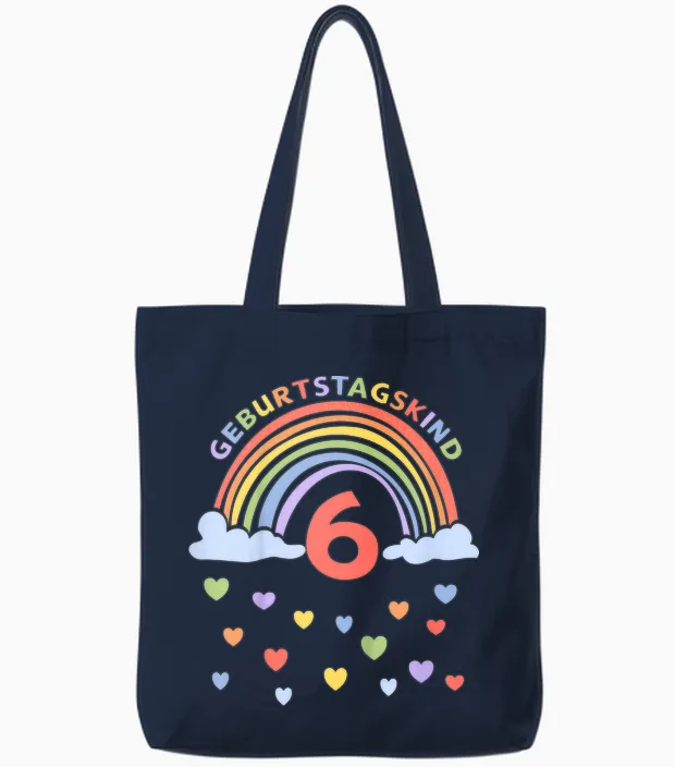 Children's 6 Years Sixth Birthday Rainbow T-Shirt, Black Tote Bags in Navy