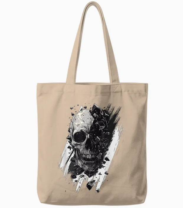 Modern Burst Skull, Hard Rock, Black and White Skull T-Shirt, Black, S Tote Bags in Natural