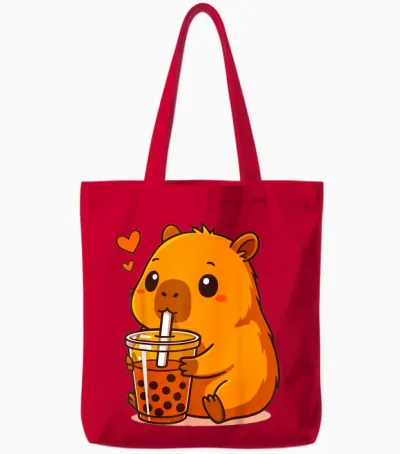 Kawaii Capybara with Bubble Tea Sweet Capybara Boba Milk Tea Tote Bags - Red