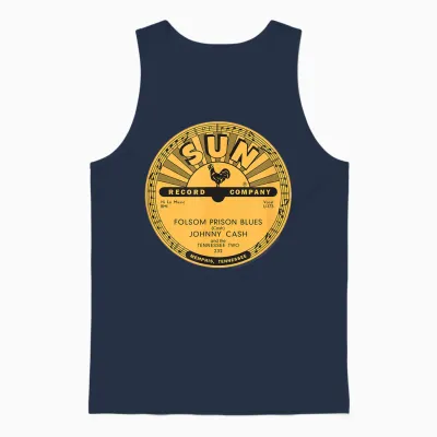 Sun Records Johnny Cash Folsom Prison Blues Vinyl T-Shirt, Black Unisex Tank Top - Navy