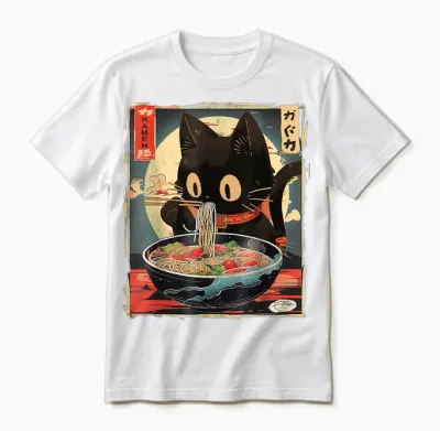 Cat Ramen Manga Anime for Kids Boys Girls Teens Kawaii Cat Eating Ramen Noodles Anime Gift Girls Teens Unisex T-Shirt - White