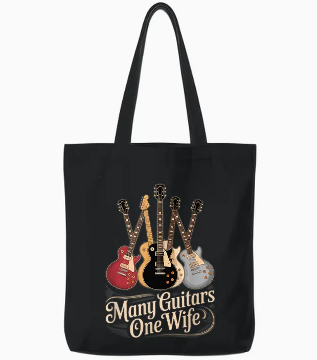 Many Guitars One Wife Guitarist Quote Music Lover Tote Bags in Black