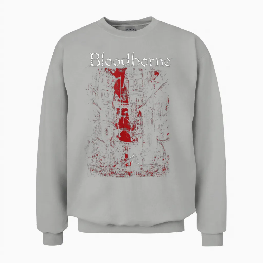 Bloodborne Red City Background with Logo Video Game Unisex Sweatshirt in Ash