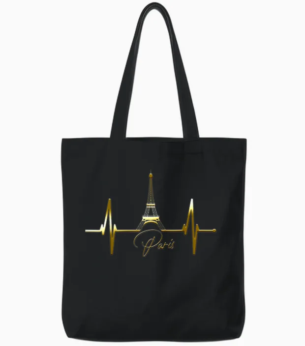 Paris Skyline Heartbeat I Love Eiffel Tower Love France T-Shirt, Black Tote Bags in Black