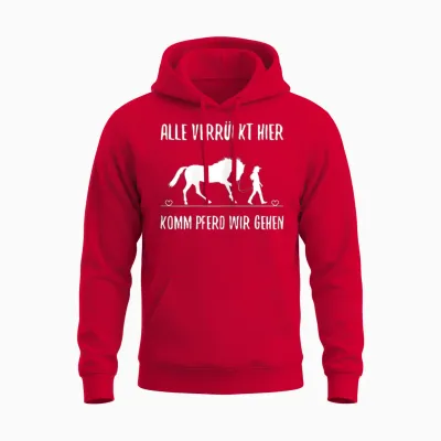 Women's T-Shirt with German Text "alle Vrazy Hier Komm Pferd Wir Going Reiter" [alle Verrückt, Black, S Unisex Hoodie - Red