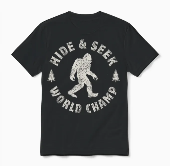Bigfoot Hide and Seek World Champion Sasquatch Retro Vintage Unisex T-Shirt in Black