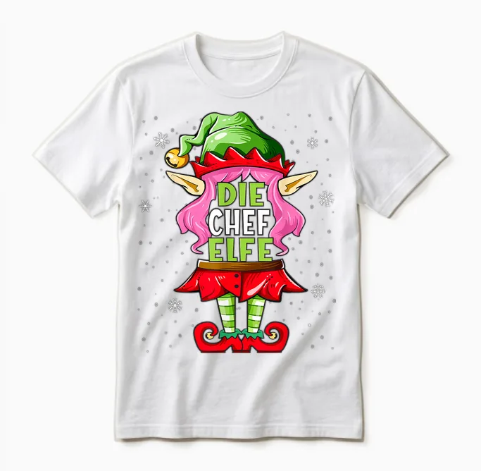 Chef Elf T-Shirt Outfit Christmas Family Christmas T-Shirt, Black Unisex T-Shirt in White