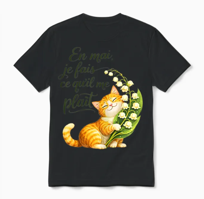 En Mai Je Fais Ce Qu'il Me Plait. Cadeau Femme Chat Muguet Unisex T-Shirt in Black