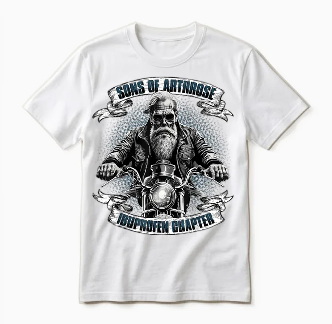 Lustiger Biker Spruch Fรผr Den Alten Mann - Sons of Arthrosis - Ibuprofen Chapter Biker Motorcyclist T-Shirt for Older Men, Black, S Unisex T-Shirt in White
