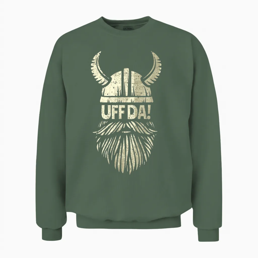 Uff Da Norwegian Quote Scandinavian Viking Helmet Beard Man Unisex Sweatshirt in Military Green