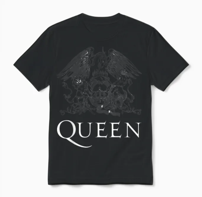 Queen Official Classic Crest Logo White T-Shirt, Black Unisex T-Shirt in Black
