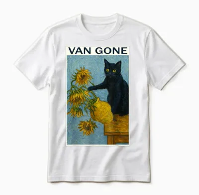 Van Gogh Black Cat with Sunflowers Funny Cat T-Shirt, Black, S Unisex T-Shirt - White