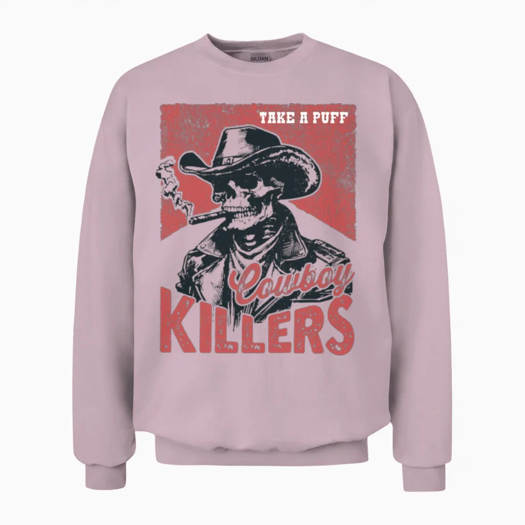 Retro Western Cowboy Killers Skeleton Unisex Sweatshirt in Light Pink