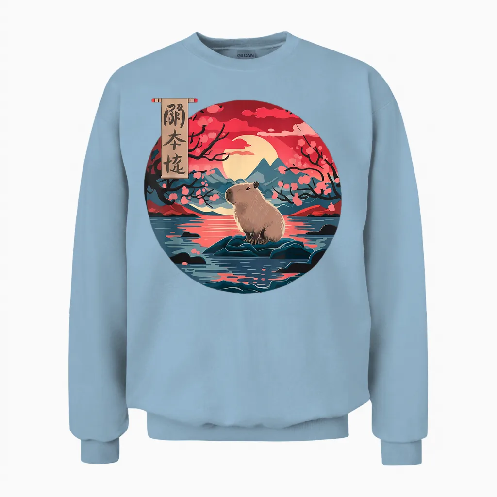 Capybara Vintage Japan Art Japanese Capybara Sunset Unisex Sweatshirt in Light Blue