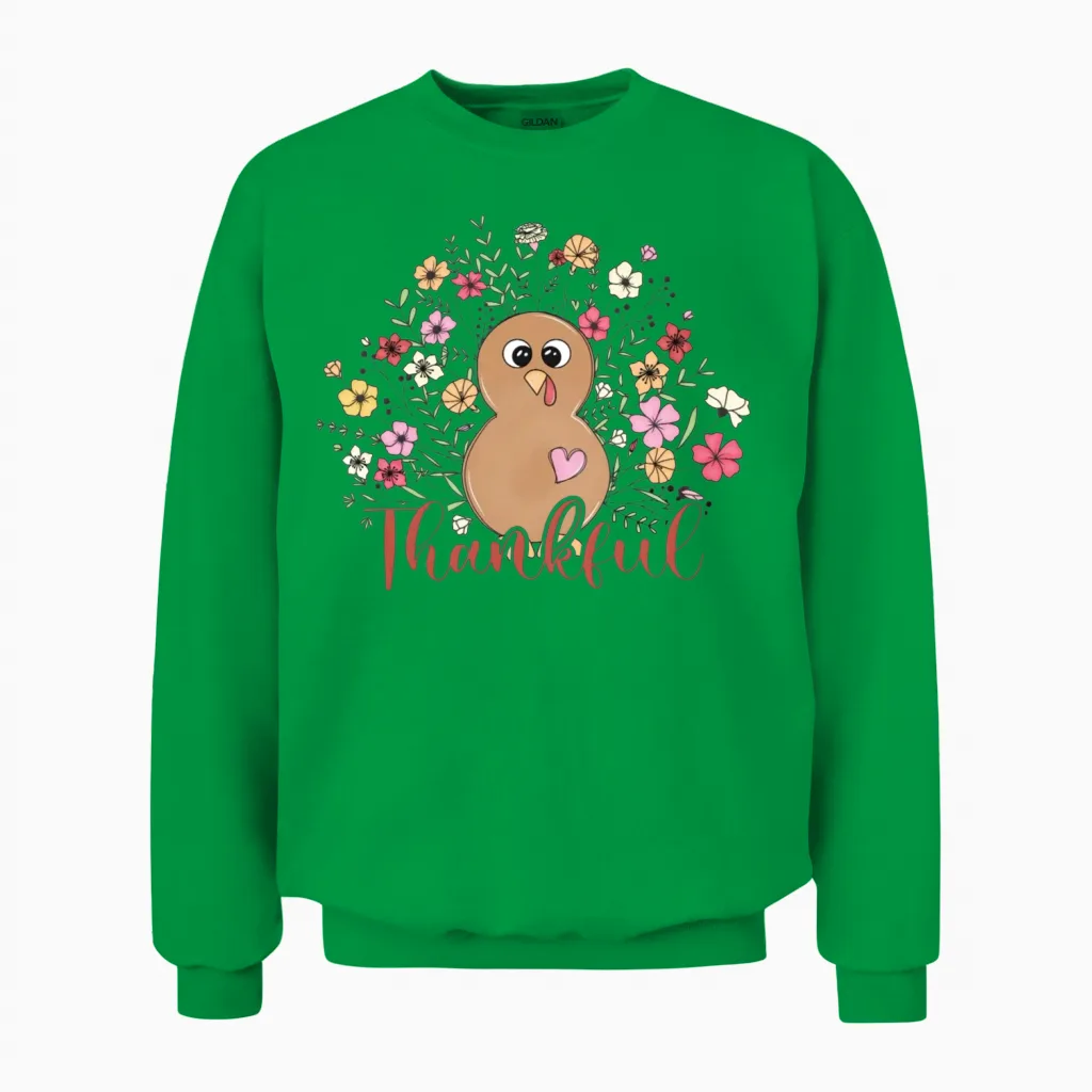 Thankful Floral Turkey Natural Cute Thanksgiving Unisex Sweatshirt in Irish Green