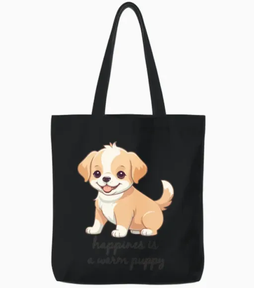 Happiness Is a Warm Puppy, Dog Puppy Quote Tote Bags - Black