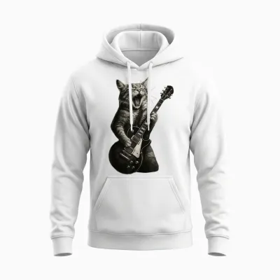 Cat Playing Guitar Rock Funny Unisex Hoodie - White