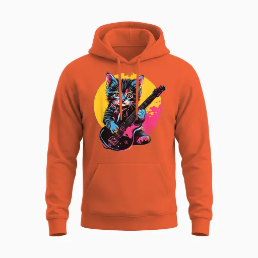 Cute Kitten Playing Guitar Rock Style T-Shirt, Black, S Unisex Hoodie - Orange
